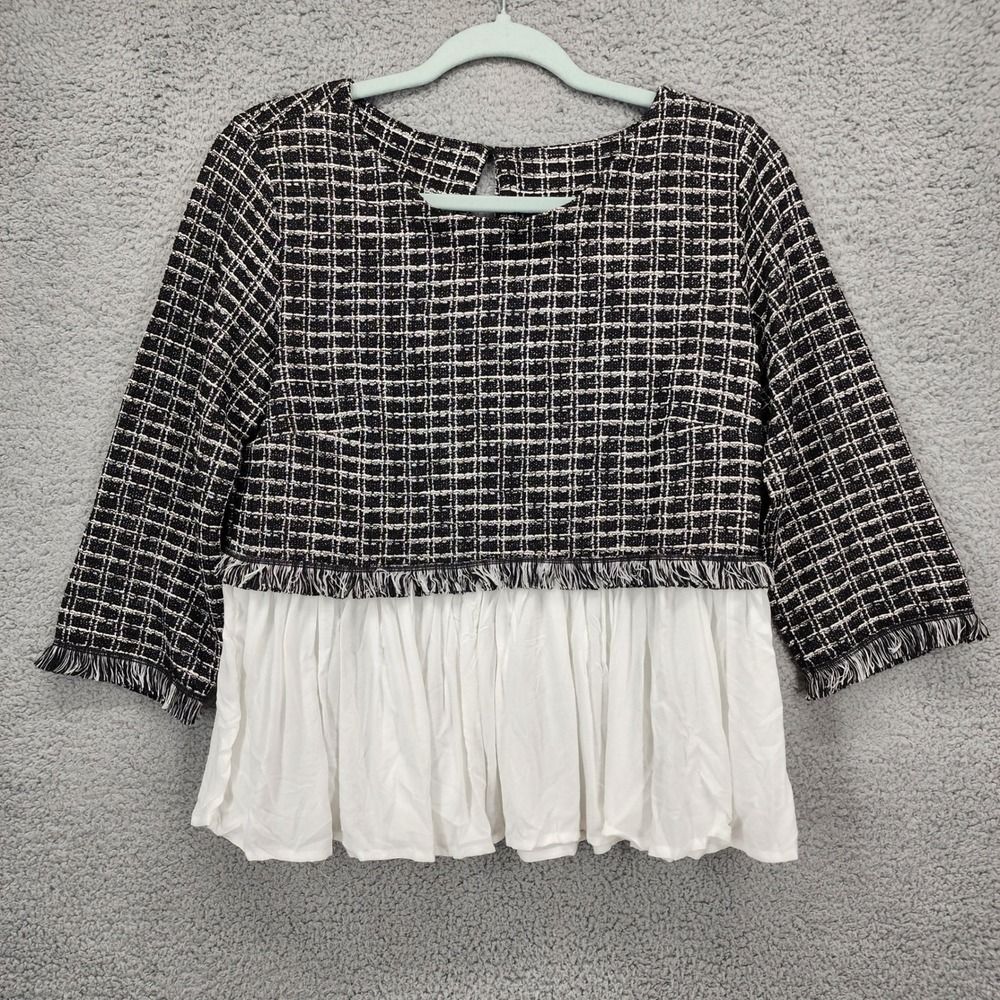 Maeve Anthropologie Black White Tweed Peplum Fringe Top Womens‎ XS P